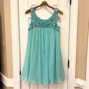 Vintage Betsey Johnson 100% Silk Babydoll Dress Blue Flower Rhinestone Appliqué